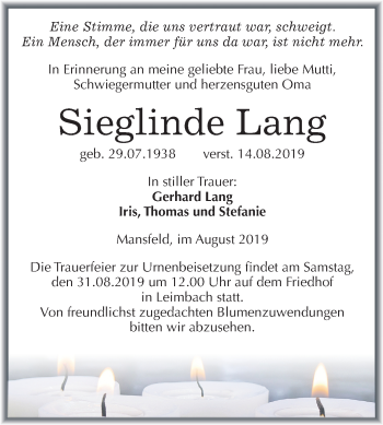 Traueranzeige von Sieglinde Lang von Mitteldeutsche Zeitung Mansfelder Land