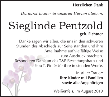 Traueranzeige von Sieglinde Pentzold von Wochenspiegel Weißenfels