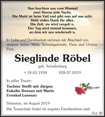 Traueranzeige von Sieglinde Röbel von Wochenspiegel Weißenfels