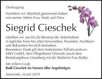 Traueranzeige von Siegrid Cieschek von Wochenspiegel Mansfelder Land