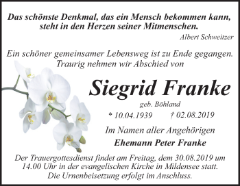Traueranzeige von Siegrid Franke von Super Sonntag Dessau-Roßlau