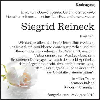 Traueranzeige von Siegrid Reineck von Super Sonntag Sangerhausen
