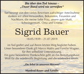 Traueranzeige von Sigrid Bauer von Wochenspiegel Weißenfels