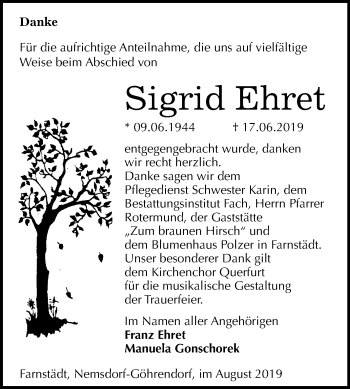 Traueranzeige von Sigrid Ehret von Mitteldeutsche Zeitung Merseburg/Querfurt