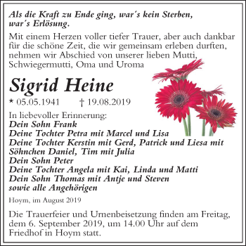 Traueranzeige von Sigrid Heine von Super Sonntag Aschersleben