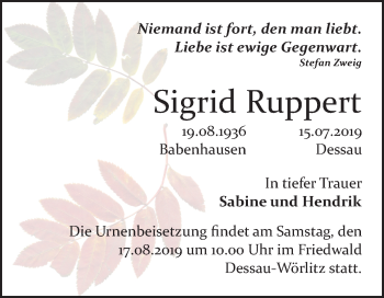 Traueranzeige von Sigrid Ruppert von Mitteldeutsche Zeitung Bitterfeld