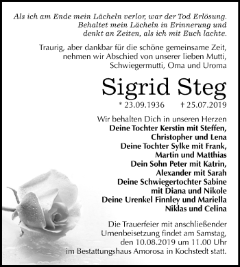 Traueranzeige von Sigrid Steg von Super Sonntag Dessau-Roßlau