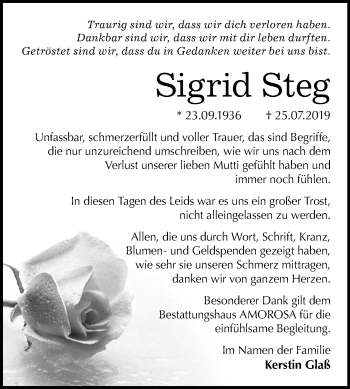 Traueranzeige von Sigrid Steg von Mitteldeutsche Zeitung Dessau-Roßlau