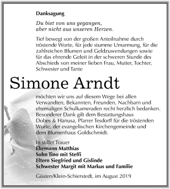 Traueranzeige von Simone Arndt von Mitteldeutsche Zeitung Aschersleben
