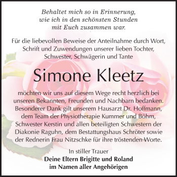 Traueranzeige von Simone Kleetz von Wochenspiegel Bitterfeld