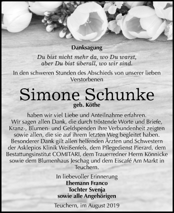 Traueranzeige von Simone Schunke von Mitteldeutsche Zeitung Weißenfels