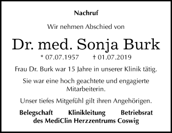 Traueranzeige von Sonja Burk von Super Sonntag Wittenberg
