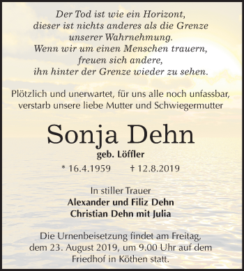 Traueranzeige von Sonja Dehn von Super Sonntag Köthen