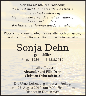 Traueranzeige von Sonja Dehn von Mitteldeutsche Zeitung Köthen