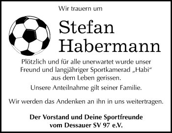 Traueranzeige von Stefan Habermann von Super Sonntag Dessau-Roßlau