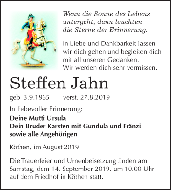Traueranzeige von Steffen Jahn von Mitteldeutsche Zeitung Köthen