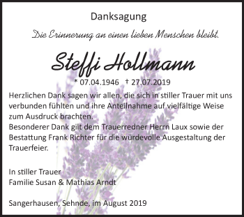 Traueranzeige von Steffi Hollmann von Super Sonntag Sangerhausen