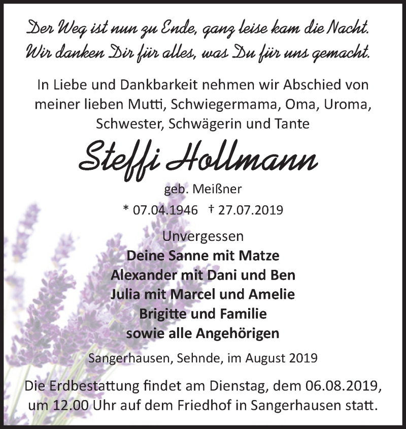  Traueranzeige für Steffi Hollmann vom 02.08.2019 aus Mitteldeutsche Zeitung Sangerhausen