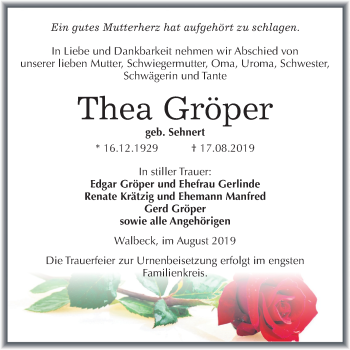 Traueranzeige von Thea Gröper von Mitteldeutsche Zeitung Mansfelder Land