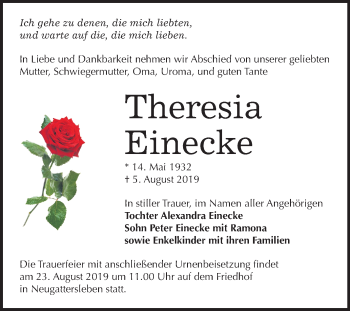 Traueranzeige von Theresia Einecke von Mitteldeutsche Zeitung Bernburg