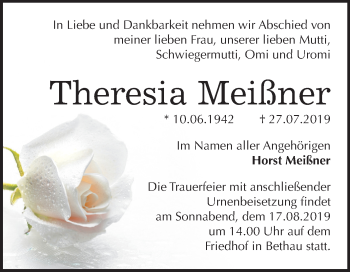 Traueranzeige von Theresia Meißner von Super Sonntag Wittenberg