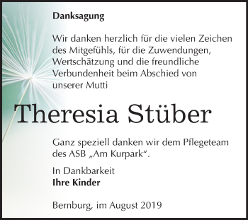 Traueranzeige von Theresia Stüber von Super Sonntag Bernburg