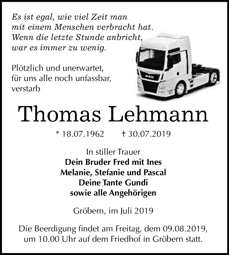  Traueranzeige für Thomas Lehmann vom 03.08.2019 aus Mitteldeutsche Zeitung Bitterfeld / Wittenberg
