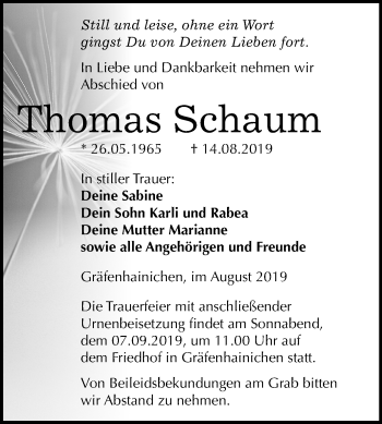 Traueranzeige von Thomas Schaum von Super Sonntag Wittenberg