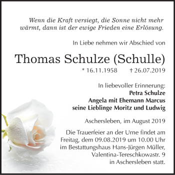 Traueranzeige von Thomas Schulze von Mitteldeutsche Zeitung Aschersleben