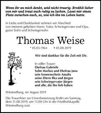Traueranzeige von Thomas Weise von Mitteldeutsche Zeitung Mansfelder Land