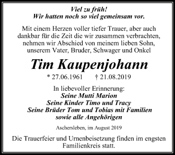 Traueranzeige von Tim Kaupenjohann von Mitteldeutsche Zeitung Aschersleben