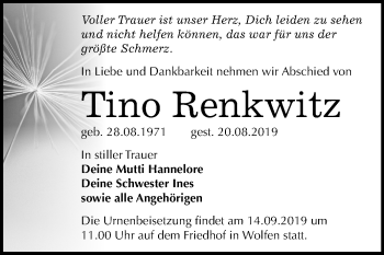 Traueranzeige von Tino Renkwitz von Mitteldeutsche Zeitung Bitterfeld