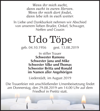 Traueranzeige von Udo Töpe von Mitteldeutsche Zeitung Merseburg/Querfurt