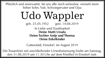 Traueranzeige von Udo Wappler von Wochenspiegel Merseburg/Querfurt