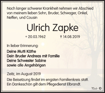 Traueranzeige von Ulrich Zapke von Mitteldeutsche Zeitung Zeitz