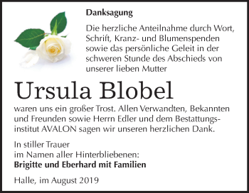 Traueranzeige von Ursula Blobel von Mitteldeutsche Zeitung Halle/Saalkreis