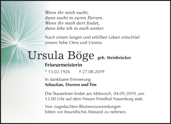 Traueranzeige von Ursula Böge von Mitteldeutsche Zeitung Naumburg/Nebra
