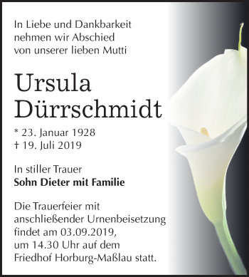 Traueranzeige von Ursula Dürrschmidt von Mitteldeutsche Zeitung Merseburg/Querfurt