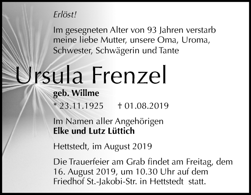 Traueranzeige für Ursula Frenzel vom 10.08.2019 aus Mitteldeutsche Zeitung Mansfelder Land