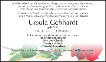 Traueranzeige von Ursula Gebhardt von Mitteldeutsche Zeitung Mansfelder Land