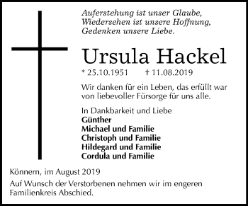 Traueranzeige von Ursula Hackel von Super Sonntag Bernburg