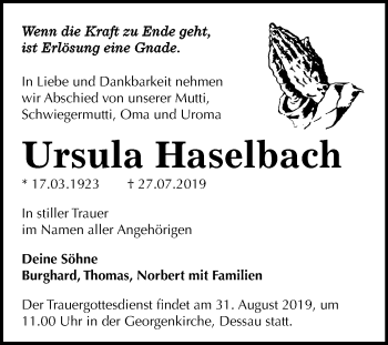 Traueranzeige von Ursula Haselbach von Super Sonntag Dessau-Roßlau