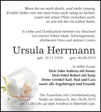 Traueranzeige von Ursula Herrmann von Mitteldeutsche Zeitung Bitterfeld