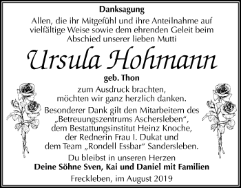 Traueranzeige von Ursula Hohmann von Mitteldeutsche Zeitung Aschersleben / Mansfelder Land