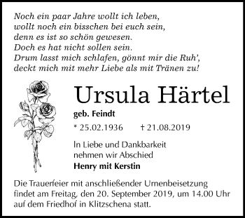 Traueranzeige von Ursula Härtel von Mitteldeutsche Zeitung Wittenberg