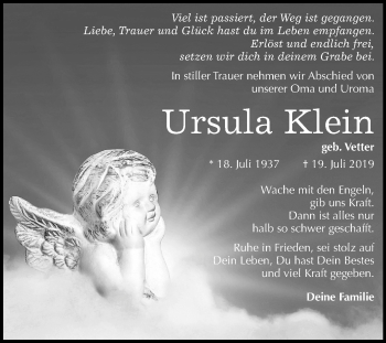 Traueranzeige von Ursula Klein von Mitteldeutsche Zeitung Weißenfels