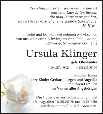 Traueranzeige von Ursula Klinger von Mitteldeutsche Zeitung Naumburg/Nebra