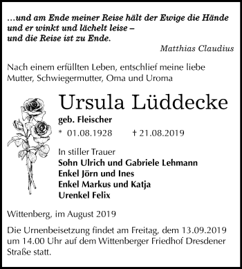 Traueranzeige von Ursula Lüddecke von Super Sonntag Wittenberg