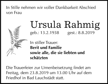 Traueranzeige von Ursula Rahmig von Mitteldeutsche Zeitung Merseburg/Querfurt