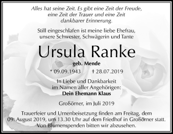 Traueranzeige von Ursula Ranke von Mitteldeutsche Zeitung Mansfelder Land